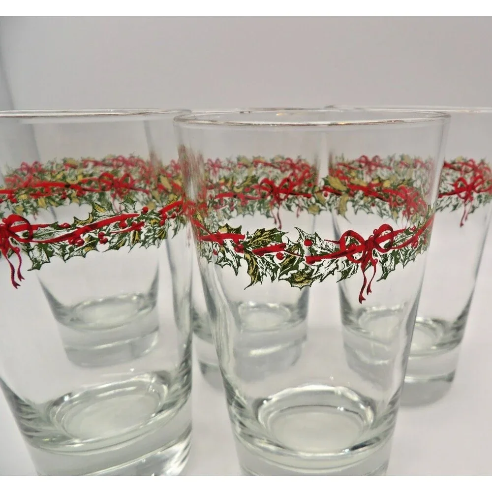 Vtg Libbey Christmas Holly Wreath Tumblers Set of 5 Heavy Base Highball Glasses